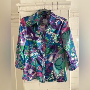 1960s pattern button up blouse, Pucci inspired psychedelic flower print